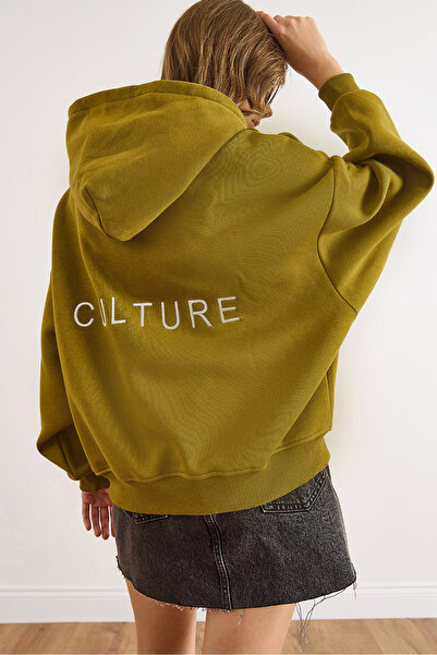 Olalook Kadın Yağ Yeşili Sırt Culture Nakışlı Şardonlu Oversize Sweatshirt SWT-19000755