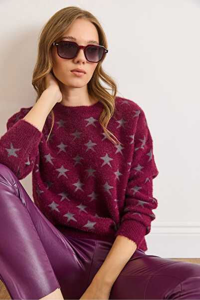 Olalook Women's Burgundy Star Detailed Beard Knitwear Sweater Kzk-19001008