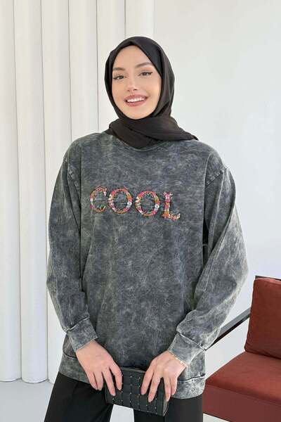 Hatun Atila Crew Neck Embroidered Front Washed Tunic 8920 - Black