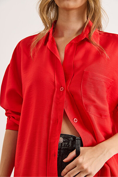 Olalook Kadın Kırmızı Cepli Oversize Javanes Gömlek GML-19001395