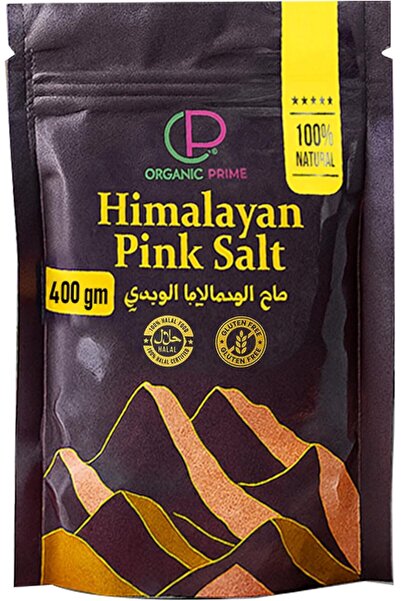 ORGANIC PRIME ملح الهيمالايا الوردي ٤٠٠ غرام | كيس كريستال خشن | كيس قائم قابل لإعادة الإغلاق