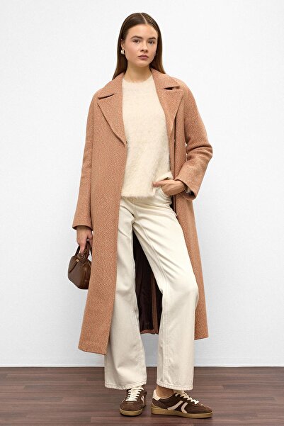 Olcay Oversize Snap Closure Fish Scale Pattern Medium Length Coat Somon 3035