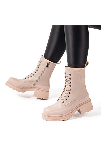 Modlet.ro Γυναικείες μπεζ μπότες πλατφόρμας από γνήσιο δέρμα MOD10823