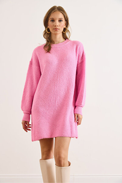 Olalook Women's Candy Pink Crew Neck Balloon Sleeve Soft Textured Knit Tunic Dress Elb-19001802
