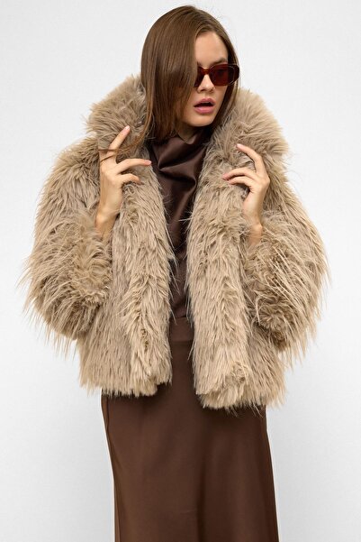 Olcay Oversize Long Fur Faux Fur Coat Stone 1011
