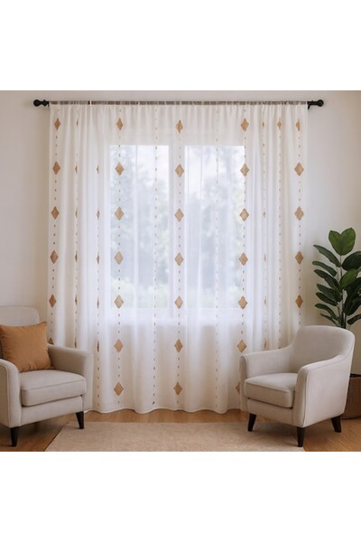 magazincovoare.ro Semi-transparent linen curtain, 600x250 cm, geometric embroidery, cotton header, white