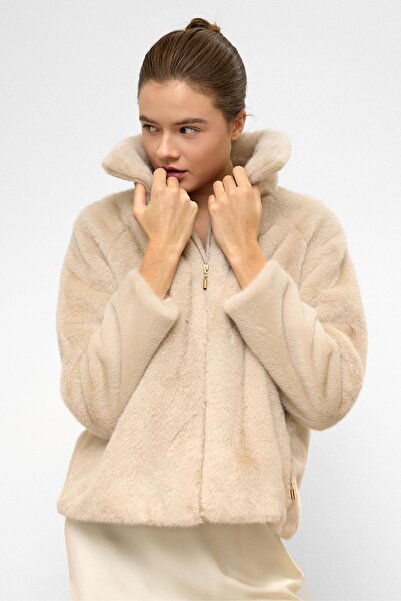 Olcay Reglan Sleeve Zippered Faux Fur Jacket Bej 1012