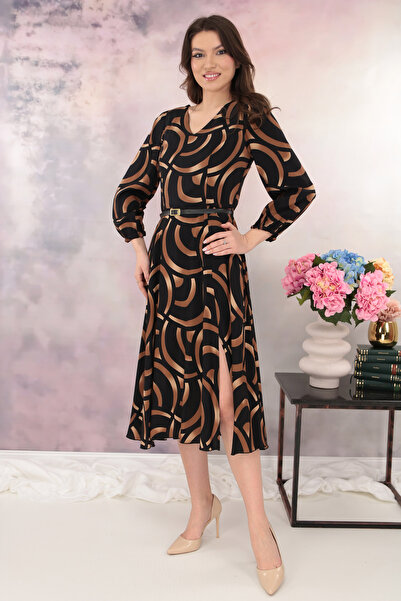 Trend Land Black midi dress with brown abstract print and a belt at the waist