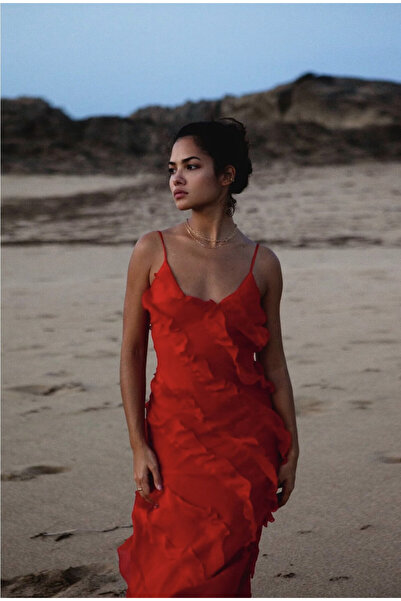 Elia İp Askılı Fırfırlı Kırmızı Uzun Şifon Şık Abiye Elbise