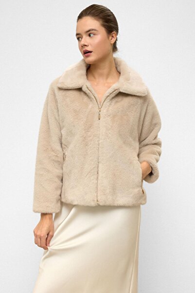 Olcay Reglan Sleeve Zippered Faux Fur Jacket Bej 1012