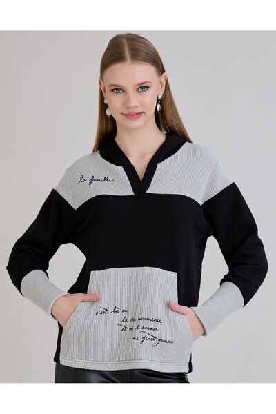 Sortie Buzunar cangur pentru femei, Text cu imprimeu , Tricotaj cu secțiuni C...