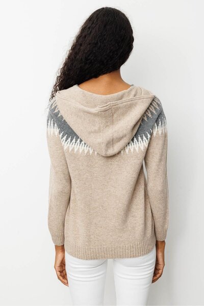 Desen Triko Women's Hooded Robe Diamond Pattern Cardigan Dark Beige