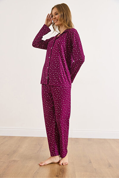 Olalook Women's Star Purple Suede Textured Pajama Set Pjm-00000023