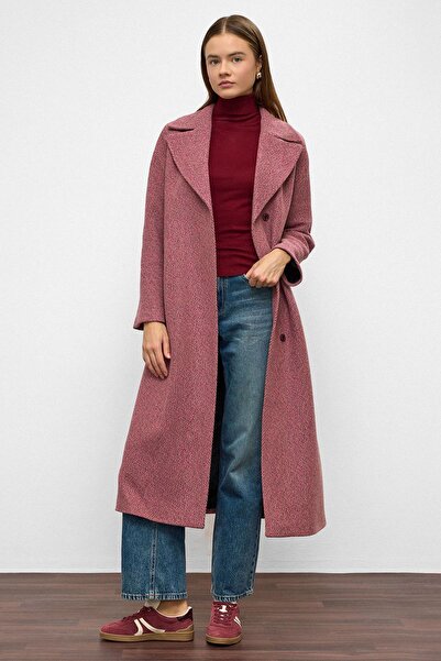 Olcay Oversize Snap Closure Fish Scale Pattern Medium Length Coat Fuchia 3035
