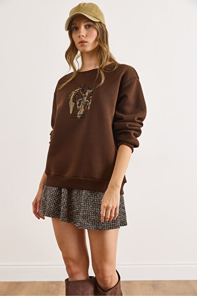 Olalook Kadın Acı Kahve At Nakışlı Rahat Kalıp Şardonlu Sweatshirt SWT-19000756