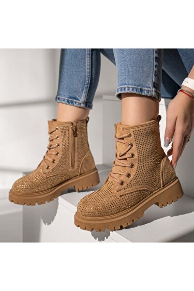 Modlet.ro Women's brown suede boots with zipper and metallic details MOD12239