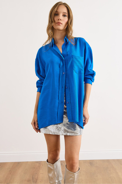 Olalook Жіноча сорочка Saks з синіми кишенями Oversize Javanes GML-19001395