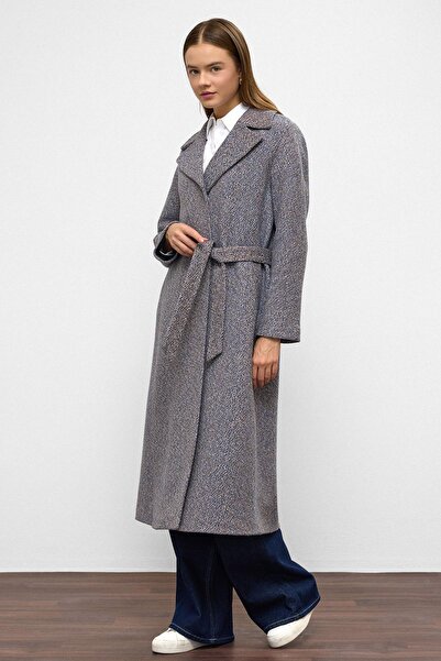 Olcay Oversize Snap Closure Fish Scale Pattern Medium Length Coat Indigo 3035