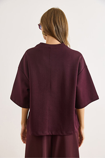 Olalook Γυναικείο μπλουζάκι με λαιμόκοψη μπορντό Oversize Interlock TSH-19000936