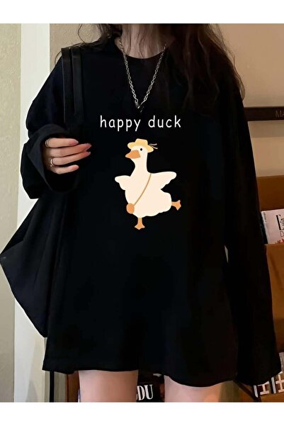 Le Savu سويت شيرت Happy Duck مطبوع ذو رقبة دائرية باللون الأسود
