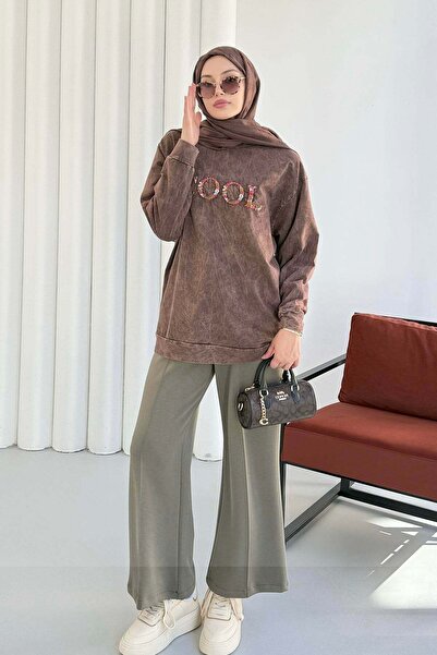 Hatun Atila Велосипедна туника с бродерия на врата, подходяща за пране 8920 - кафява