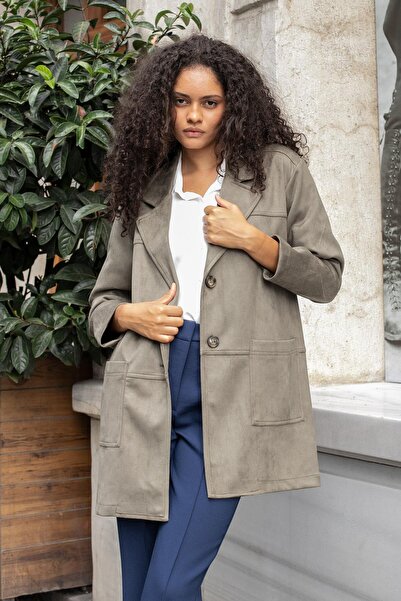 Jument Women's Lightweight Lycra Suede Fabric Collared Long Sleeve Pocketed Sport Stitched Oversize Jacket Coat-Khaki