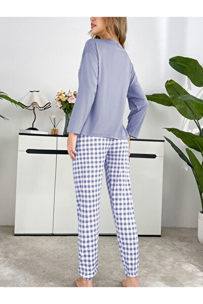 Take Two By Styli Purple Plain T-Shirt and Checked Pyjama Set