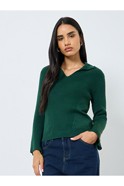 Styli Dark Green Ribbed Knit Sweater