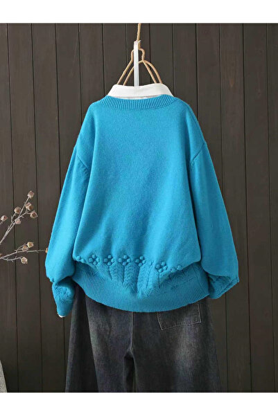 Take Two By Styli Plus Size Blue Solid Round Neck Knit Sweater