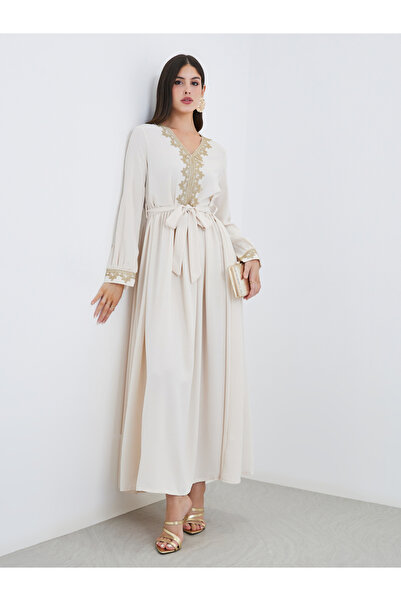 Styli Women Cream Lace Detail V Neck Jalabiya with Fabric Belt