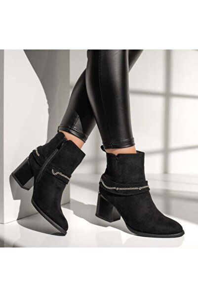 Modlet.ro Women's black suede thick-heeled ankle boots with decorative metall...