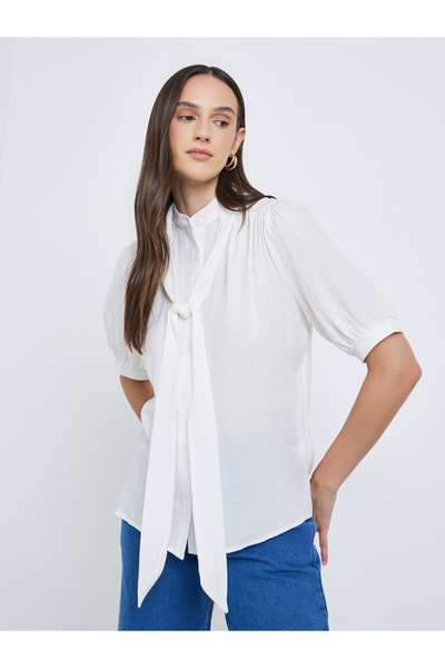 Styli Solid Tie Up Neck Puff Sleeve Blouse