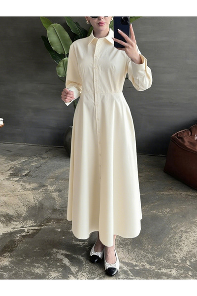 Take Two By Styli Solid Long Sleeve Button Shirt Midi Dress