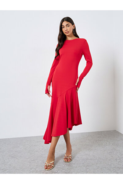 Take Two By Styli Solid Long Sleeve Asymmetric Hem Midi Dress