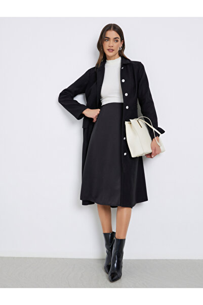 Styli معطف أسود بأزرار حتى الركبة