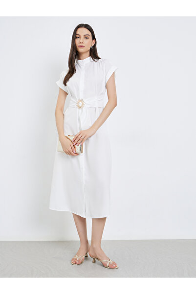Take Two By Styli White A-Line Midi Dress with Belt
