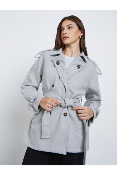Styli Grey Oversized Wool Like Belted Jacket