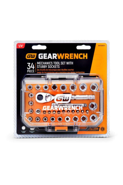 GearWrench 34-Piece 72-Tooth 6-Point SAE/Metric Mechanics Hand Tool Set with Stubby Sockets 1/4inch