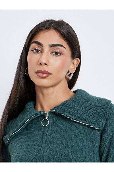 Styli Dark Green Regular Fit Half-Zip Knit Sweater