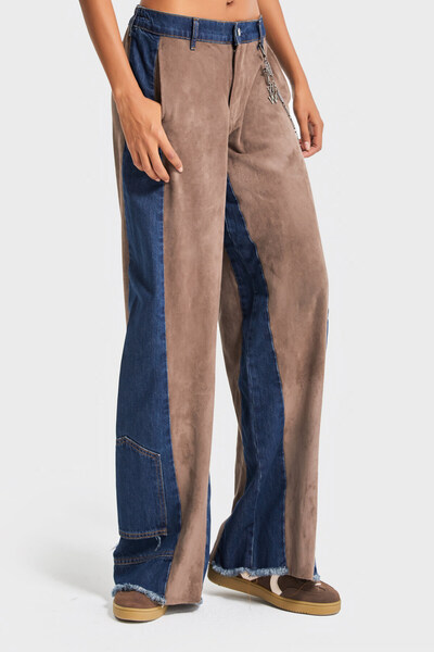 its basic Дамски панталони от деним с широки крачоли, в специален дизайн, от кафяв велур и деним