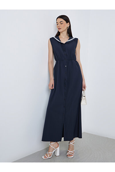 Take Two By Styli Navy Blue Sleeveless Button Detail Maxi Dress