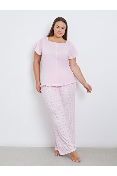 Styli Plus Square Neck Lettuce Hem Top and Bow Print Pyjama Set