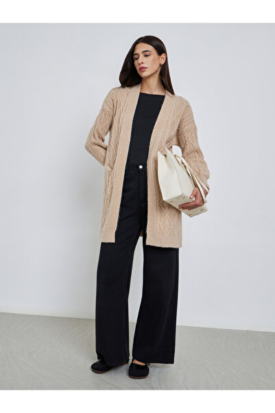 Take Two By Styli Beige Knitted Knee Length Cardigan Sweater