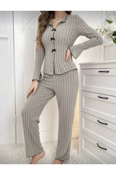 LUVIENNA طقم بيجامة نسائي من قماش ريبانا مخطط باللون الكاكي الفاتح