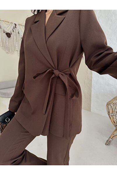 Moda İkra Blazer Jacket Wide Leg Pants Set with a Wide Fabric Belt Tied at the Waist