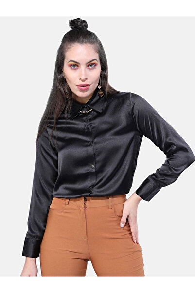 Freehand By Styli قميص نسائي أسود من الساتان قصة ضيقة