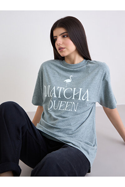 Styli Green Oversized Melange Graphic T-Shirt