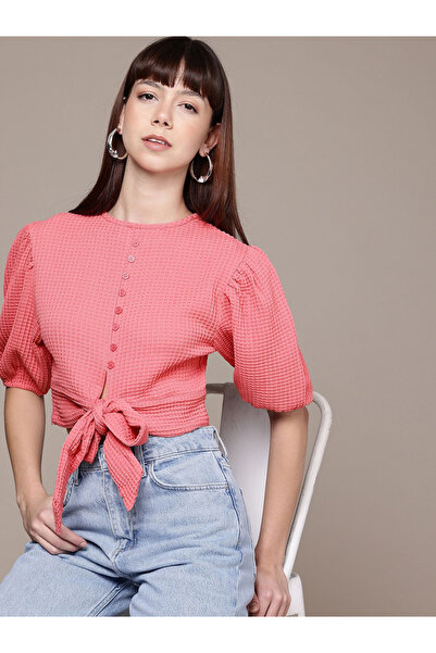 Freehand By Styli Women Pink Textured Crop Top