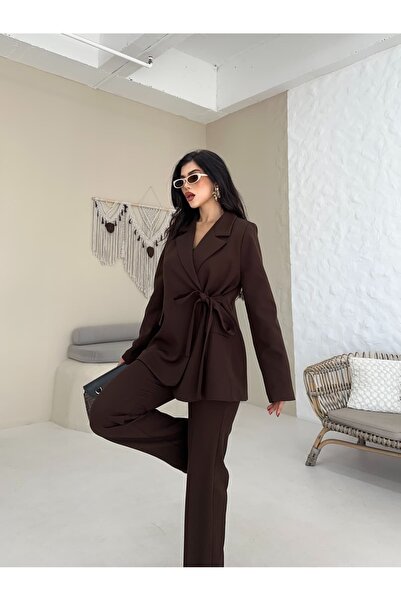 Moda İkra Blazer Jacket Wide Leg Pants Set with a Wide Fabric Belt Tied at the Waist