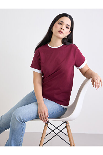 Styli Burgundy Regular Fit Cotton Ringer T-Shirt